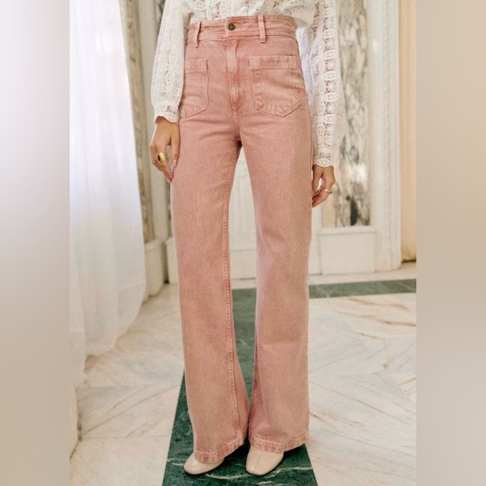 Sézane Le 70s wide leg denim trousers rose pink patch pockets 44 12